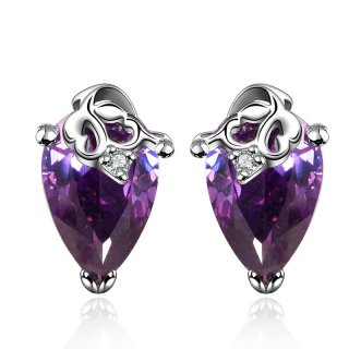 Fashion Drop Water Earring White Gold Flower Stud Earring Purple CZ Diamonds for Lady