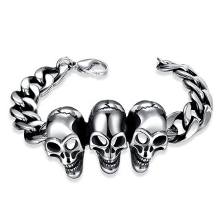 Top Quality Punk Rock Three Skeleton Head Bracelets Bangles Stainless Steel Link Chain Charm Bracelets Jewelry For Men