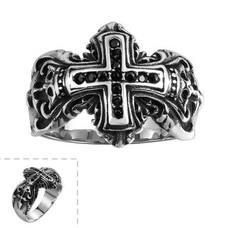 New Jewelry Titanium 316L Stainless Steel Cross Rings Vintage Cross Black Zircon Ring Free Shipping for Women