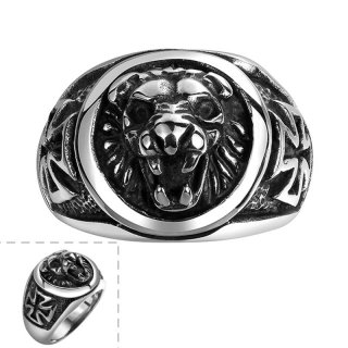 Punk Style Iron Cross Lion Ring Animals Jewelry Engravable Carving Lions Heavy Biker Ring for Men