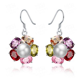 Fashion Jewelry Shell Flower Earring Colorful Crystals Arround Imitation Pearl Platinum Plated Earrings for Girls