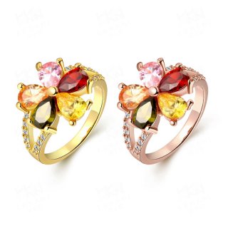 New Rings Jewelry Romantic Yellow/Rose Gold Plated with Big Colorful Crystals Flower Rings Wedding Rings for Women