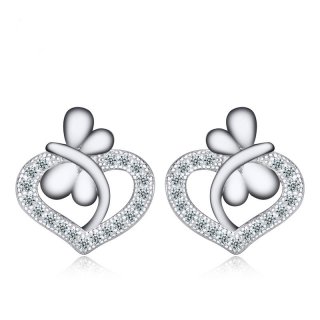 Heart Shaped Fashion Stud 925 Sterling Silver Butterfly Earrings WE036