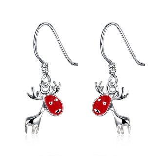 Fashion Red Christmas Deer Drop Silver Plated Earrings for Girls
