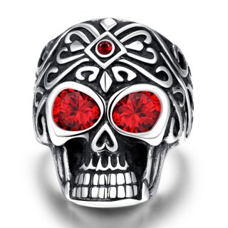 Red Crystal Cubic Zirconia Eye 316L Stainless Steel Skull Men Rings