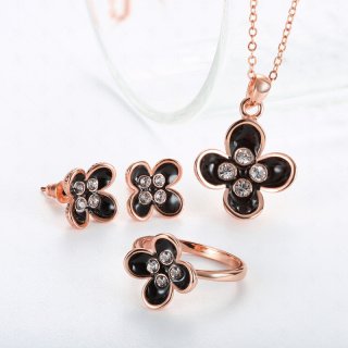 Fashion Jewelry Set Drip Clover Flower Inlaid CZ Necklace + Earrings + Ring Anti Allergy For Women