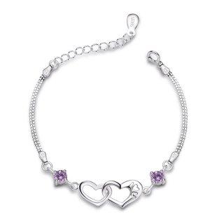 Women Heart Purple Diamonds 925 Sterling Silver Bracelet D004