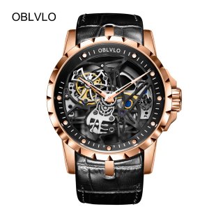 OBLVLO Mens Tourbillon Skeleton Watches Rose Gold Watches Leather Transparent Automatic Watch OBL3603RSBB
