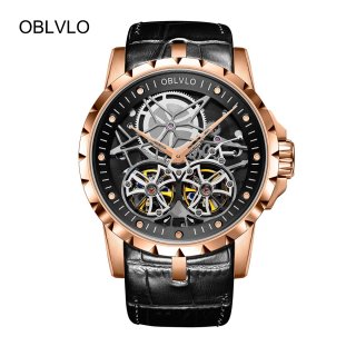 OBLVLO Luxury Rose Gold Tourbillon Watches Transparent Skeleton Leather Mechanical Watch For Men OBL3606RSBB