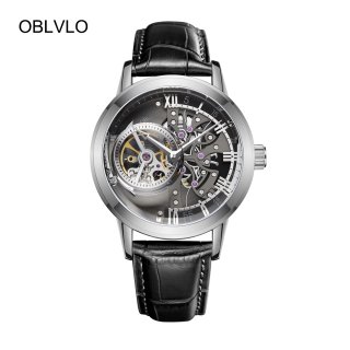 OBLVLO Casual Automatic Watches Steel Mens Watches Genuine Leather Strap Skeleton Watches OBL8238-YBB