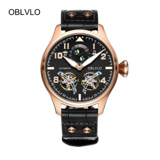 OBLVLO Luxury Mens Watches Rose Gold Automatic Watches Leather Strap Tourbillon Watch OBL8232-PBB
