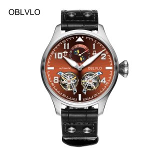 OBLVLO Fashion Mens Watches Steel Automatic Watch Tourbillon Date Leather Strap Watch OBL8232-YSB