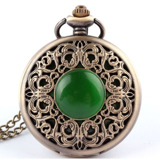 Bronze Antique hollow imitation jade stone Necklace Quartz Pocket Watch