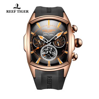 Reef Tiger Automatic Rose Gold Sport Watches Black Dial Case Rubber Strap Watches RGA3069-PBBO