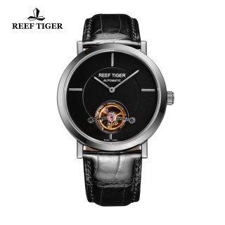 Reef Tiger Business Watch Stainless Steel Black Dial Automatic Tourbillon Watch RGA1610-YBB