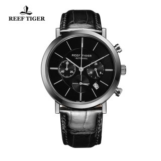 Reef Tiger Business Watch Ultra Thin Stainless Steel Black Dial Chronograph Quartz Watch RGA162-YBB