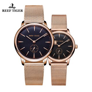 Reef Tiger Vintage Couple Watch Black Dial Rose Gold Watches RGA820-CPBP