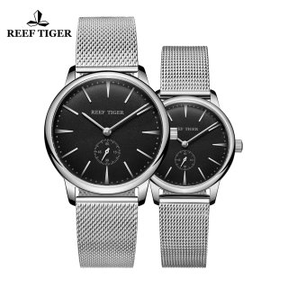Reef Tiger Vintage Couple Watch Black Dial Steel Watches RGA820-CYBY