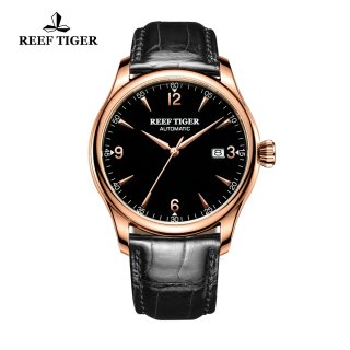 Reef Tiger Heritage Dress Automatic Watch Black Dial Calfskin Leather Strap RGA823G-PBB