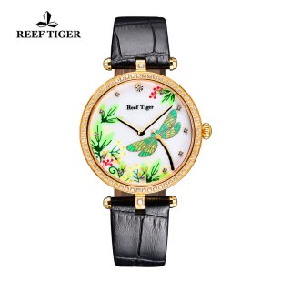 Reef Tiger Fashion Watch White MOP Dial Quartz Yellow Gold Lady Watch RGA151-GWBD