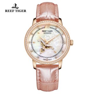 Reef Tiger Luxury Diamonds Watch Pink MOP Dial Automatic Rose Gold Lady Watch RGA1550-PWPD