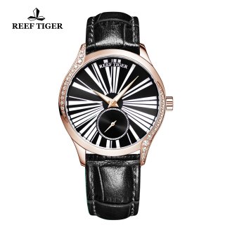 Reef Tiger Love Highness Casual Diamonds Bezel Watch Rose Gold Case Leather Strap RGA1561-PBB