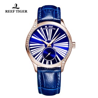 Reef Tiger Love Highness Casual Diamonds Bezel Watch Rose Gold Case Leather Strap RGA1561-PLL