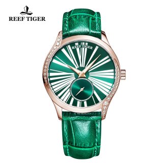 Reef Tiger Love Highness Casual Diamonds Bezel Watch Rose Gold Case Leather Strap RGA1561-PNN