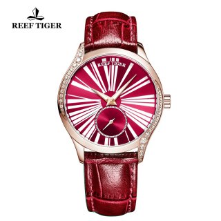 Reef Tiger Love Highness Casual Diamonds Bezel Watch Rose Gold Case Leather Strap RGA1561-PRR