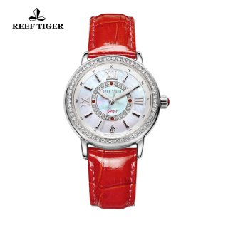 Reef Tiger Lady Fashion Watch White MOP Dial Quartz Stainless Steel Diamonds Bezel Watch RGA1563-YWR