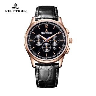 Reef Tiger Seattle Museum Dress Automatic Watch Rose Gold Black Dial Black Leather Strap RGA1654-PBB