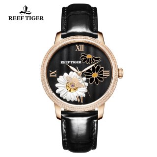Reef Tiger Fashion Rose Gold Lady Watch Black Diamonds Dial Automatic Watch RGA1585-PBB