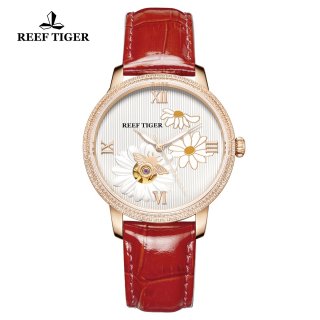 Reef Tiger Fashion Rose Gold Lady Watch White Diamonds Dial Automatic Watch RGA1585-PWR