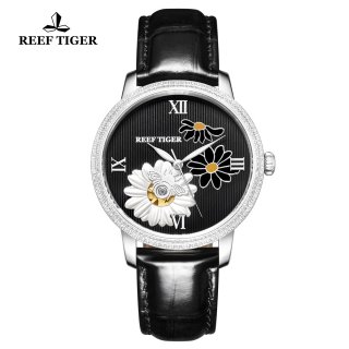 Reef Tiger Fashion Steel Lady Watch Black Diamonds Dial Automatic Watch RGA1585-YBB