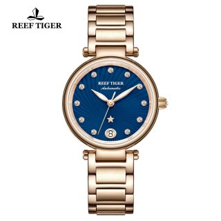 Reef Tiger Fashion Lady Watch Rose Gold Blue Dial Automatic Watch RGA1590-PLP