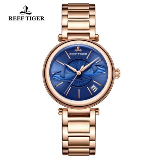 Reef Tiger Love Saturn Fashion Lady Watch Rose Gold Blue Dial Automatic Watch RGA1591-PLP