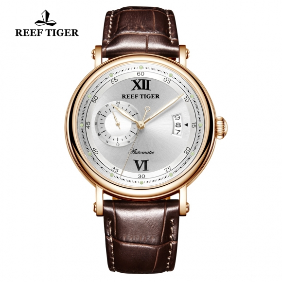 Reef Tiger Seattle Sander Mens Fashion Rose Gold White Dial Leather Strap Automatic Watch RGA1617-2-PWS
