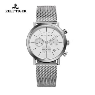 Reef Tiger Business Watch Ultra Thin Stainless Steel White Dial Chronograph Quartz Watch RGA162-YWY