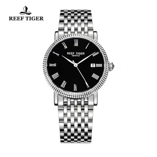 Reef Tiger Dress Watch Steel Case Black Dial Steel Bracelet Automatic Watch RGA163-YBY