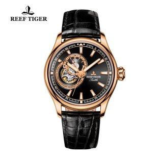 Reef Tiger Seattle Sea Hawk Dress Automatic Watch Rose Gold Black Dial Black Leather Strap RGA1639-PBB