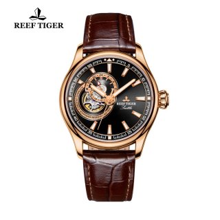 Reef Tiger Seattle Sea Hawk Dress Automatic Watch Rose Gold Black Dial Brown Leather Strap RGA1639-PBBS