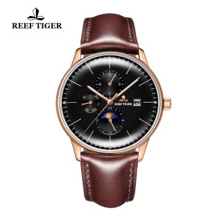 Reef Tiger Seattle Philosopher Luxury Black Dial Silky Leather Strap Automatic Watches with Date Day RGA1653-PBSH