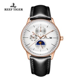 Reef Tiger Seattle Philosopher Rose Gold Black Dial Moon Phase Automatic Watches with Date Day RGA1653-PWBH