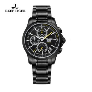 Reef Tiger Sports Watch Black DLC Black Dial DLC Bracelet Chronograph Watch RGA1663-BBBG