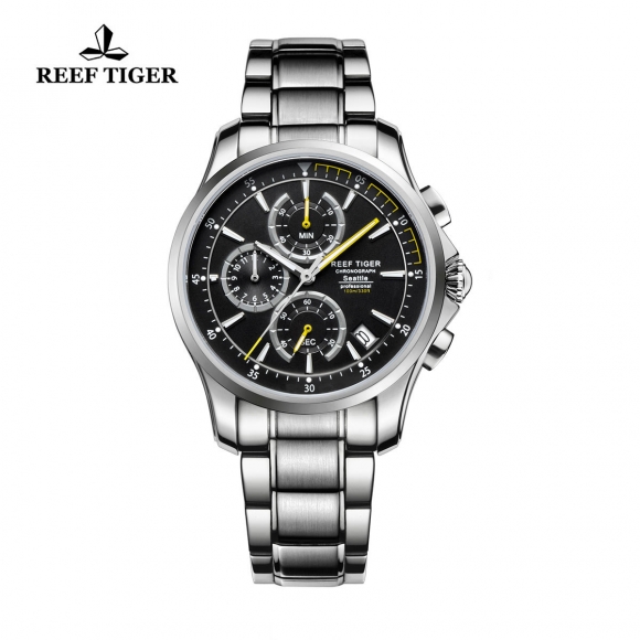 Reef Tiger Sports Watch Steel Case Black Dial Steel Bracelet Chronograph Watch RGA1663-YBYG