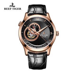 Reef Tiger Seattle Sailing Rose Gold Black Dial Automatic Watch Black Leather Strap RGA1693-PBB