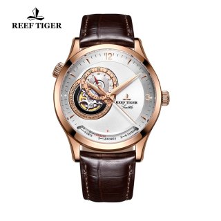 Reef Tiger Seattle Sailing Rose Gold Brown Leather Watch With Tourbillon Automatic Watch RGA1693-PWS