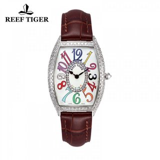 Reef Tiger Lady Fashion Watch Steel Case White Dial Leather Strap Diamonds Tonneau Watch RGA171-YWBD