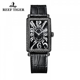 Reef Tiger Lady Fashion Watch PVD Case Black Dial Leather Strap Diamonds Watch RGA172-BBBDW