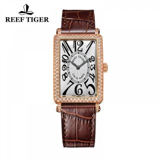 Reef Tiger Lady Fashion Watch Rose Gold Case White Dial Leather Strap Diamonds Watch RGA172-PWND